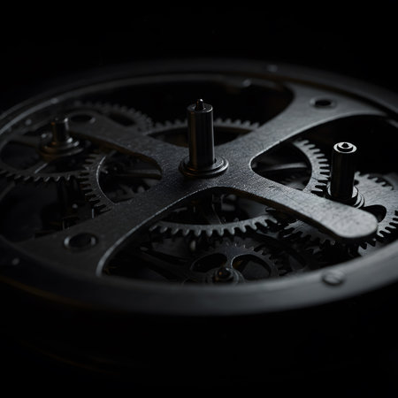 clockwork old mechanical watch, black background, macro, close upの素材