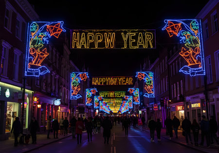 Christmas lights on Covent Garden street in London, England.の素材