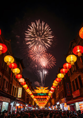 A vibrant display of fireworks illuminates the night sky above Chinatown, Singapore, during the festive Chinese New Year celebrations, creating a magical atmosphere.の素材