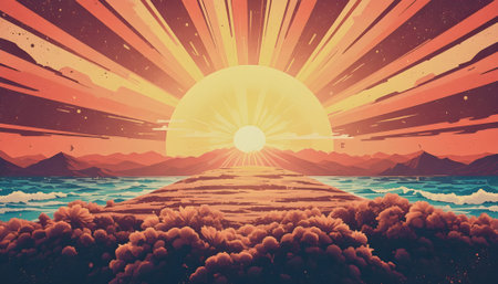 Sunset over the sea with mountains and clouds. Vector illustration.の素材
