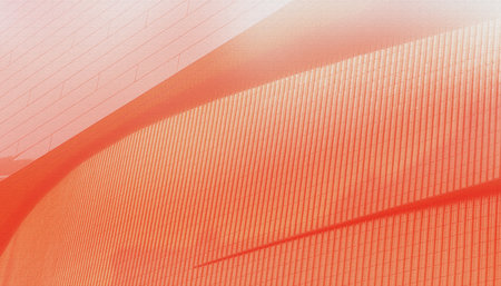 Dynamic orange curved geometric grid abstract art, modern lines background for design, architecture, and brandingの写真素材