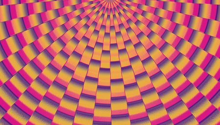Vibrant psychedelic optical illusion pattern with radiating geometric shapes and bright color gradientsの写真素材