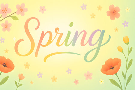 Colorful spring lettering with floral accents and a soft pastel backgroundの素材