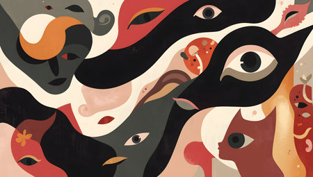 Abstract faces and eyes form a colorful modern artistic compositionの素材