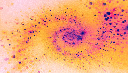 Abstract watercolor painting with swirling yellow and orange hues and scattered dotsの写真素材