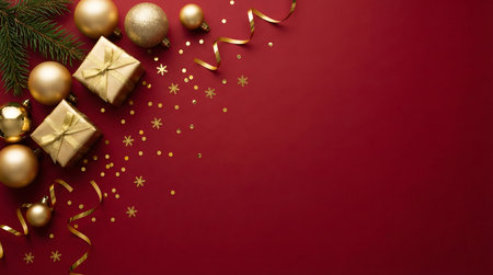 Golden christmas ornaments gifts and confetti on a vibrant red backgroundの素材