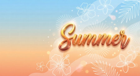 A vibrant summer background featuring floral designs and golden textの素材