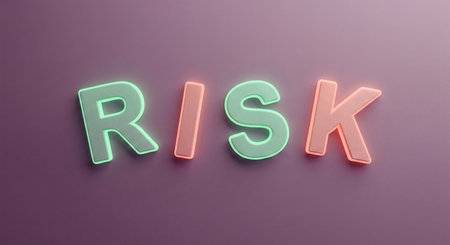 Neon letters spelling risk in green and coral on a purple backdropの素材