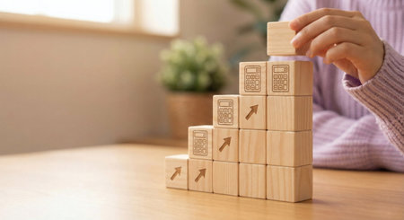 Building a wooden block tower representing growth and progress in businessの素材