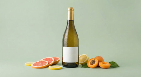A bottle of wine with fresh citrus fruits and apricots on a pale backgroundの素材