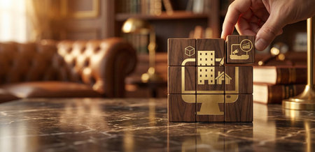 Building blocks with building icons representing construction or real estate conceptsの素材