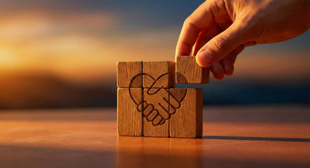 Hand completing a wooden puzzle with a handshake symbol representing connectionの素材