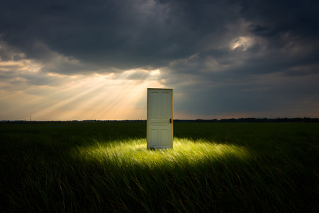 Doorway in the field at sunset. Conceptual image.の素材