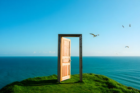 Open door with seagulls flying in the blue sky backgroundの素材