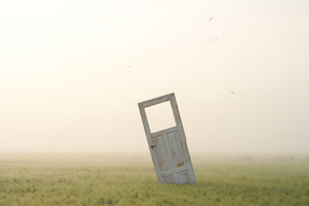 Door in the rice field at morning time with flying birds.の素材