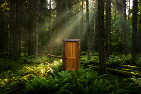 Wooden door in a green forest in the morning with sun raysの素材