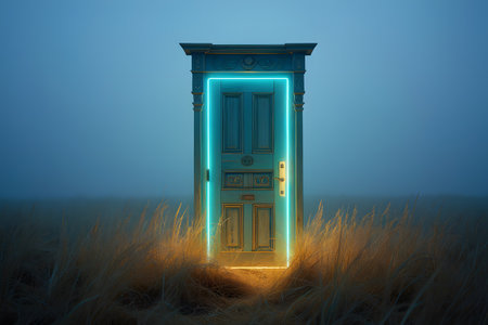 Fantasy door in grass with neon light. 3D illustration.の素材