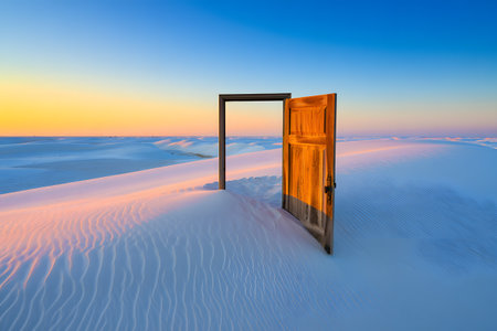 Opened door in the desert at sunset. 3D rendering.の素材