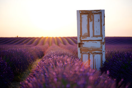 Door in lavender field at sunset, Provence, Franceの素材