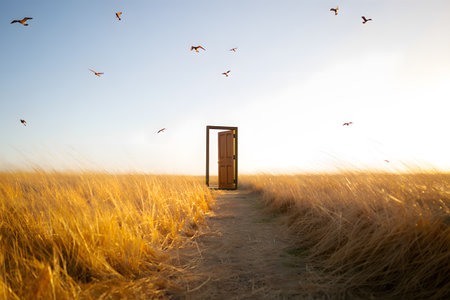 Door in wheat field with birds flying in the sky at sunsetの素材