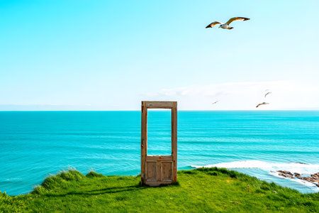 Wooden door leading to the sea with seagulls flyingの素材