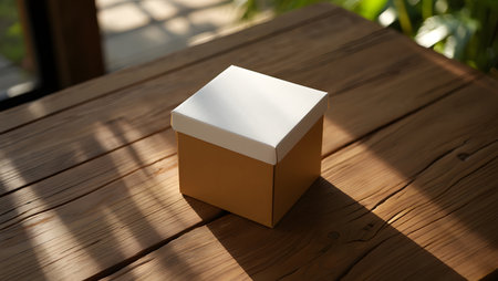 Blank paper box on wood table in coffee shop, stock photoの素材