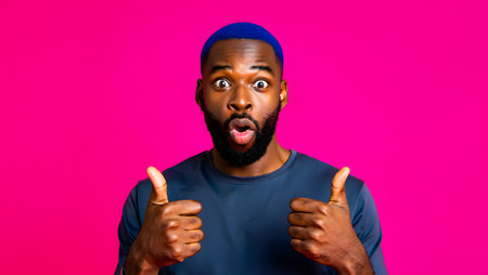 Young african american man surprised and shocked while showing thumbs up on a pink backgroundの素材