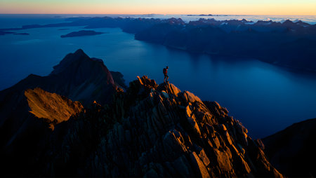 Silhouette of a man standing on top of a mountain and looking at the sunsetの素材