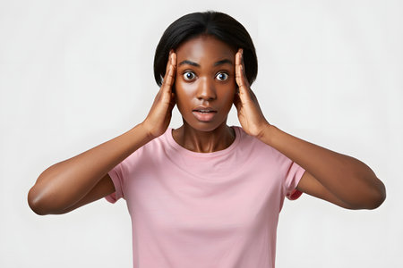Shocked african american woman covering her ears with hands, isolated on white backgroundの素材