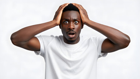 Shocked african american man looking at camera isolated on whiteの素材