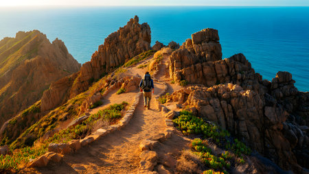Hiker on the top of the mountain at sunset. Crimea, Ukraineの素材