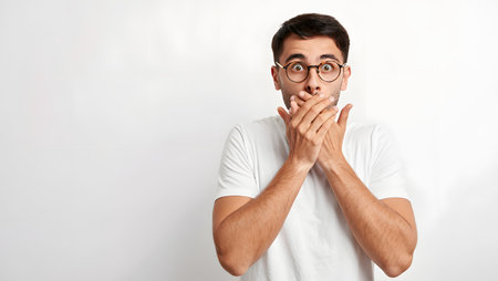 Surprised young man in glasses and white t-shirt on white backgroundの素材