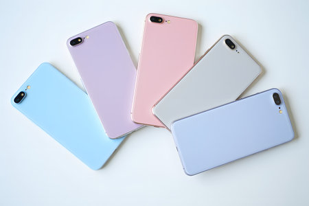 Smartphone with pink and blue screen isolated on white background. Top view.の素材