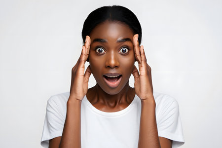Surprised african american woman covering her ears with handsの素材
