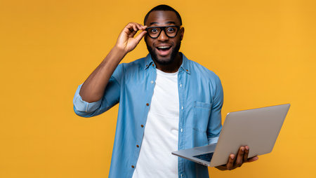 Excited african american man in eyeglasses holding laptop and looking at camera isolated on yellowの素材