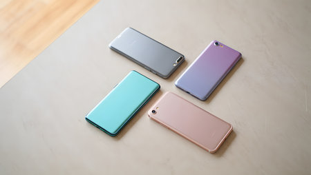 Colorful mobile phones on the table in the office, stock photoの素材