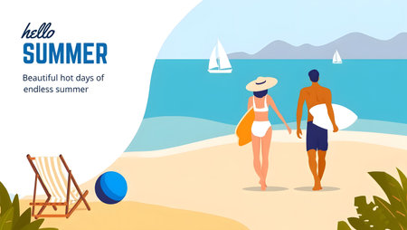 Summer beach vacation vector banner. Man and woman walking on the seashore.の素材