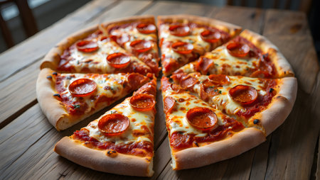 Pizza with salami and mozzarella cheese on wooden tableの素材