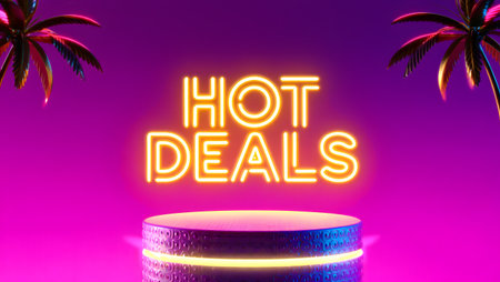 HOT DEALS neon sign on round podium. 3D Renderingの素材