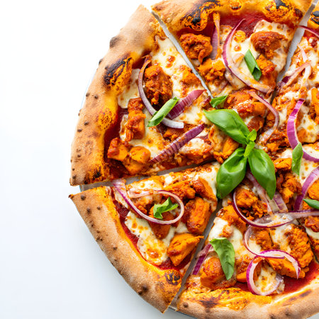 Pizza with chicken and vegetables isolated on white background. Top view.の素材