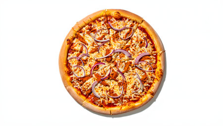 Pizza with red onion on a white background. Top view.の素材