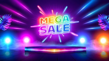 Neon light banner for mega sale on stage. Vector illustration.の素材