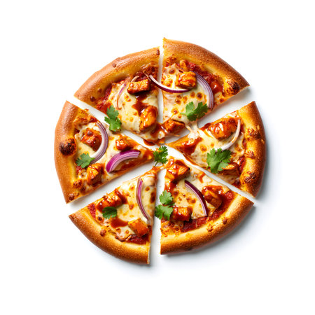 Pizza with chicken and red onion isolated on white background, top viewの素材
