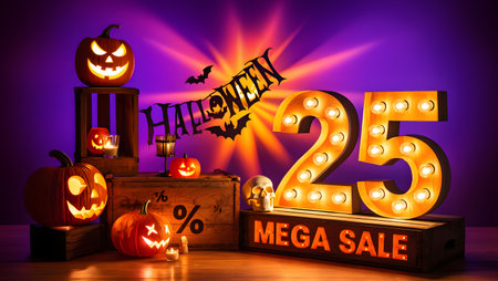 Halloween Sale 25 percent discount with jack o lanterns and wooden box.の素材