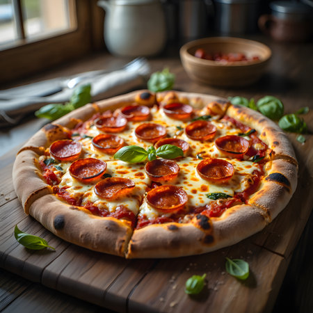 Pizza with salami and mozzarella cheese, selective focusの素材