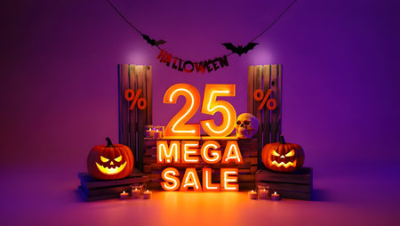 Neon sign 25 percent mega sale with pumpkins and bats on purple backgroundの素材