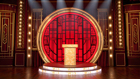 Podium round stage with lighting, Stage Podium Scene with for Award Ceremony on red Background, 3d renderの素材