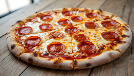 Pepperoni pizza on a wooden table in a pizzeria.の素材