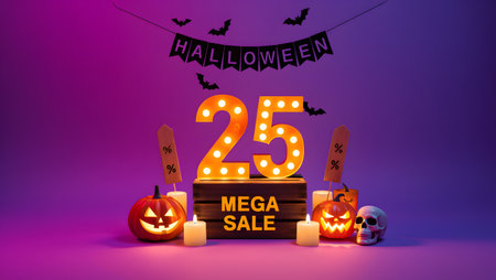 Halloween Sale Poster with Signboard and Pumpkins. Vector Illustrationの素材