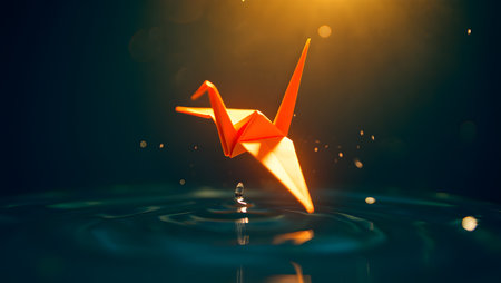 Paper origami bird on water surface. 3d render illustration.の素材